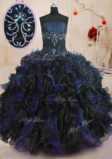 Graceful Floor Length Blue And Black Sweet 16 Dresses Organza Sleeveless Beading and Ruffles