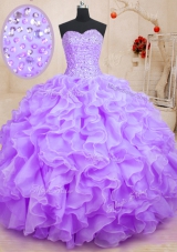 Organza Sweetheart Sleeveless Lace Up Beading and Ruffles Quinceanera Dress in Lavender