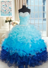 Custom Design Sweetheart Sleeveless 15 Quinceanera Dress Floor Length Beading and Ruffles Multi-color Organza