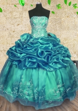 Fashion Turquoise Organza and Taffeta Lace Up Strapless Sleeveless Floor Length Vestidos de Quinceanera Beading and Ruffles