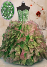 High End Multi-color Ball Gowns Beading and Ruffles 15th Birthday Dress Lace Up Organza Sleeveless Floor Length