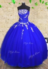 Lovely Floor Length Royal Blue Sweet 16 Quinceanera Dress Tulle Sleeveless Appliques and Ruching