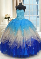 Vintage Multi-color Ball Gowns Beading and Ruffles Quinceanera Dresses Lace Up Tulle Sleeveless Floor Length