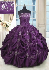 Discount Sleeveless Taffeta Floor Length Lace Up 15 Quinceanera Dress in Dark Purple for with Beading and Appliques and Embroidery and Pick Ups