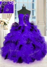 Elegant Strapless Sleeveless 15th Birthday Dress Floor Length Beading and Ruffles Black And Purple Tulle