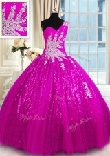 Fuchsia Ball Gowns One Shoulder Sleeveless Lace Floor Length Lace Up Appliques 15th Birthday Dress
