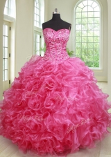 Ideal Hot Pink Sleeveless Beading and Ruffles Floor Length Quinceanera Dresses