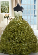 Lovely With Train Olive Green 15th Birthday Dress Organza Brush Train Sleeveless Beading and Ruffles