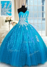 One Shoulder Baby Blue Sleeveless Floor Length Appliques Lace Up 15 Quinceanera Dress