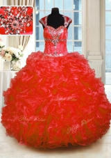 Red Ball Gowns Organza Straps Cap Sleeves Beading and Ruffles Floor Length Lace Up 15th Birthday Dress