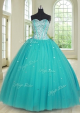Simple Sweetheart Sleeveless Ball Gown Prom Dress Floor Length Beading Aqua Blue Tulle