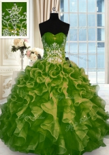 Comfortable Sleeveless Organza Floor Length Lace Up Quinceanera Dresses in Olive Green for with Beading and Ruffles