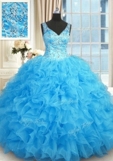 Fantastic Blue Zipper V-neck Beading and Ruffles Quinceanera Gown Organza Sleeveless