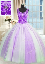 Graceful White And Purple Tulle Lace Up Quinceanera Gowns Sleeveless Floor Length Beading and Sequins