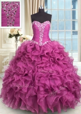 Organza Sweetheart Sleeveless Lace Up Beading and Ruffles 15 Quinceanera Dress in Rose Pink