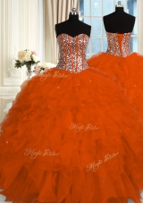 Sleeveless Floor Length Beading and Ruffles Lace Up Quinceanera Dress with Red
