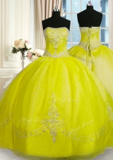 Strapless Sleeveless Quinceanera Dresses Floor Length Beading and Embroidery Yellow Green Organza