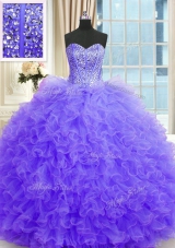 Beading and Ruffles Ball Gown Prom Dress Lavender Lace Up Sleeveless Floor Length