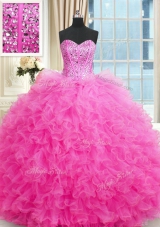 Hot Pink Tulle Lace Up Quinceanera Dresses Sleeveless Floor Length Beading and Ruffles