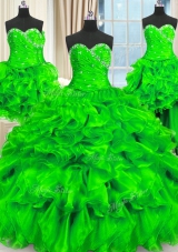 Latest Four Piece Sleeveless Organza Floor Length Lace Up Quince Ball Gowns in for with Beading and Ruffles and Ruching