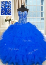 Royal Blue Organza Lace Up Quinceanera Gowns Sleeveless Floor Length Beading and Ruffles