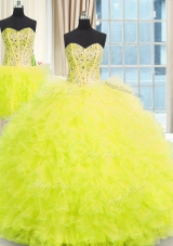 Sweet Three Piece Yellow Strapless Neckline Beading and Ruffles Quinceanera Gown Sleeveless Lace Up