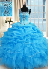 Baby Blue Organza Zipper Straps Sleeveless Floor Length Quince Ball Gowns Beading