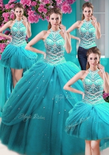 Attractive Four Piece Tulle Halter Top Sleeveless Lace Up Beading and Pick Ups Quinceanera Gowns in Aqua Blue
