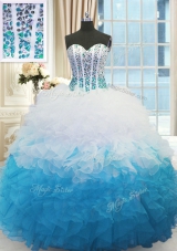Dramatic Floor Length Ball Gowns Sleeveless Blue And White Sweet 16 Dresses Lace Up