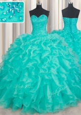 Eye-catching Turquoise Lace Up Sweetheart Beading and Ruffles Quinceanera Gown Organza Sleeveless