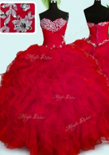 Ball Gowns Sweet 16 Dress Red Sweetheart Organza Sleeveless Floor Length Lace Up