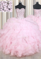 Charming Baby Pink Sleeveless Organza Lace Up 15th Birthday Dress for Military Ball and Sweet 16 and Quinceanera