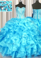 Enchanting Aqua Blue Sweet 16 Quinceanera Dress Military Ball and Sweet 16 and Quinceanera and For with Beading and Ruffles Sweetheart Sleeveless Lace Up