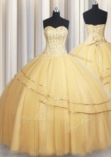 Ideal Visible Boning Big Puffy Champagne Sweetheart Neckline Beading and Ruching Quinceanera Gown Sleeveless Lace Up