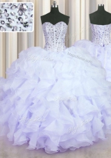 Lavender Organza Lace Up Quince Ball Gowns Sleeveless Floor Length Beading and Ruffles