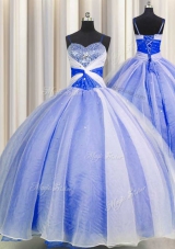 Luxurious Spaghetti Straps Sleeveless Vestidos de Quinceanera Floor Length Beading and Sequins and Ruching Blue And White Organza