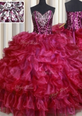 Vintage Hot Pink Organza Lace Up Quinceanera Dresses Sleeveless Floor Length Beading and Ruffles