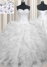 Admirable White Lace Up Sweetheart Beading and Ruffles Quinceanera Dresses Organza Sleeveless