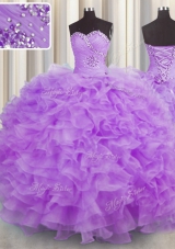 Beauteous Organza Sweetheart Sleeveless Lace Up Beading and Ruffles Quinceanera Dress in Lilac