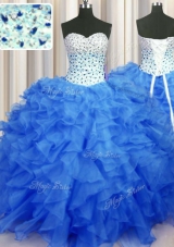 Blue Sweetheart Neckline Beading and Ruffles Sweet 16 Dress Sleeveless Lace Up
