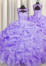 Clearance Scoop Lavender Ball Gowns Beading and Pick Ups Quinceanera Gowns Lace Up Organza Sleeveless Floor Length