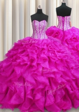 Custom Fit Visible Boning Sweetheart Sleeveless Sweet 16 Dress Brush Train Beading and Ruffles Fuchsia Organza