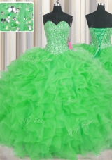 Fine Visible Boning Sleeveless Floor Length Beading and Ruffles Lace Up 15 Quinceanera Dress with Green