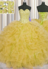 Flirting Visible Boning Floor Length Lace Up Sweet 16 Dress Yellow and In for Military Ball and Sweet 16 and Quinceanera with Beading and Ruffles and Sashes|ribbons