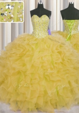 Flirting Visible Boning Floor Length Lace Up Sweet 16 Dress Yellow and In for Military Ball and Sweet 16 and Quinceanera with Beading and Ruffles and Sashes|ribbons