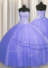 Hot Selling Visible Boning Puffy Skirt Purple Sleeveless Tulle Lace Up Quinceanera Gown for Military Ball and Sweet 16 and Quinceanera