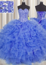 Smart Visible Boning Blue Sweetheart Neckline Beading and Ruffles and Sashes|ribbons Sweet 16 Dress Sleeveless Lace Up