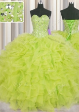 Super Visible Boning Yellow Green Ball Gowns Beading and Ruffles Quinceanera Dress Lace Up Organza Sleeveless Floor Length