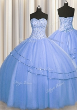 Visible Boning Big Puffy Blue Lace Up Sweetheart Beading Sweet 16 Dresses Tulle Sleeveless