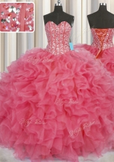 Visible Boning Coral Red Sweetheart Lace Up Beading and Ruffles Quinceanera Gowns Sleeveless